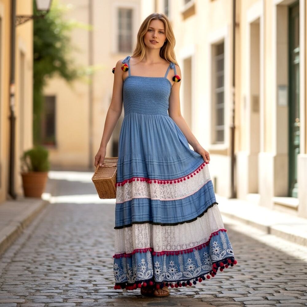 Blanco de Ibiza Boho Maxi Dress S Smocked Cotton Lace Pom Pom Tiered Blue Dress